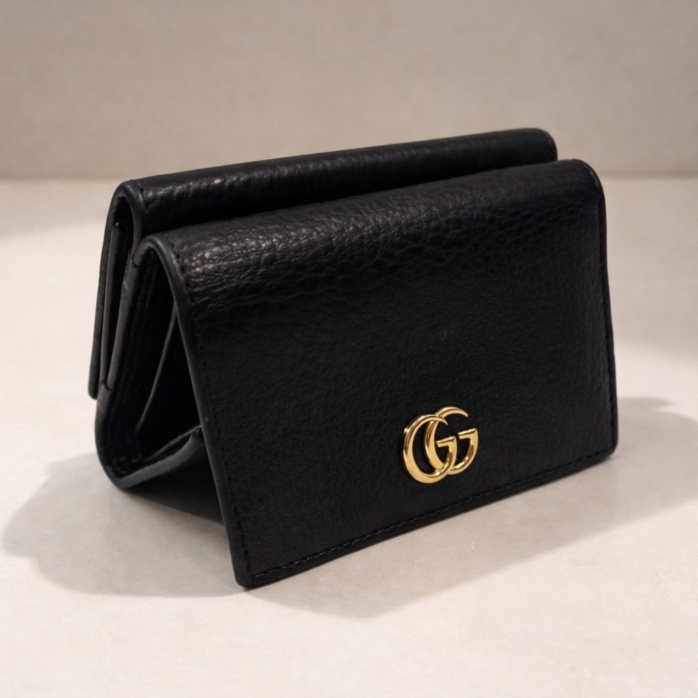 Gucci Marmont Black Leather Trifold Wallet | Gold GG | Authenticated - Picture 2 of 5